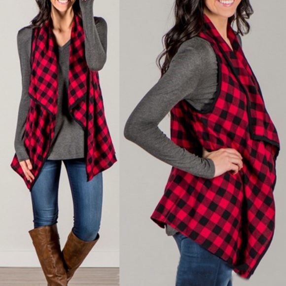 Jackets & Blazers - Red & Black Plaid Turn Down Collar Open Vest